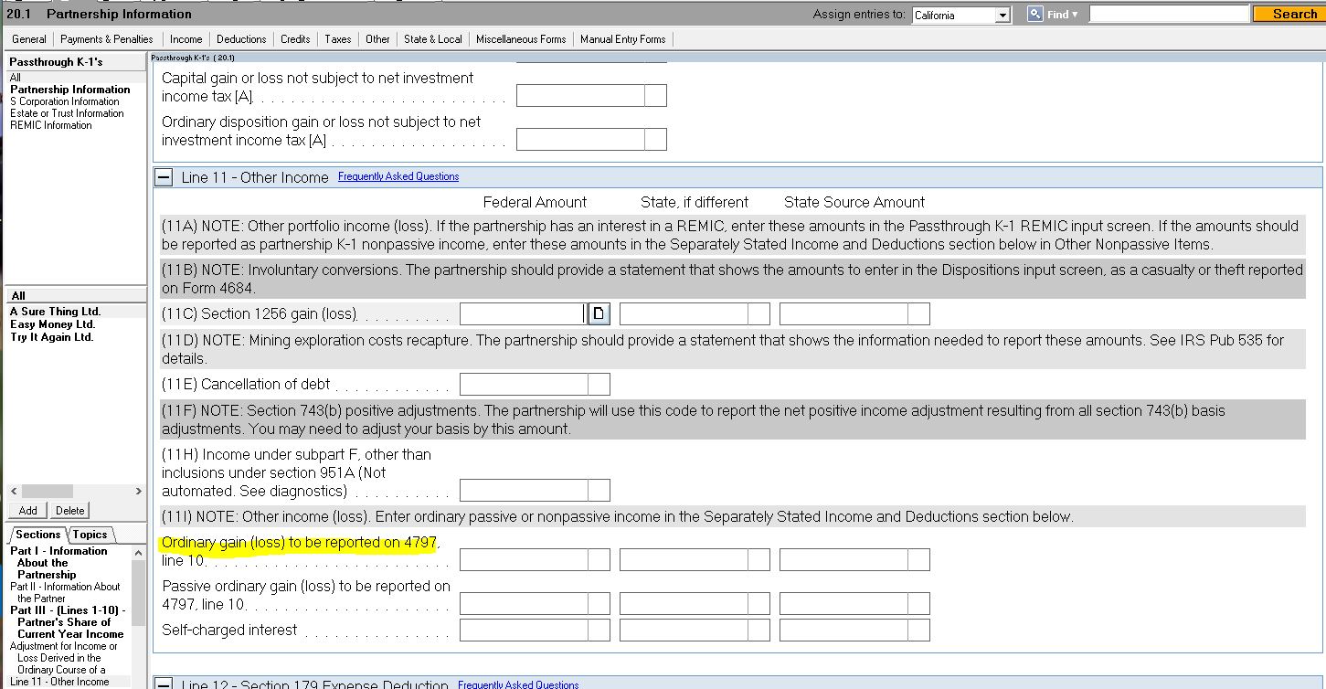 PTP Sec 751 Gain as Ordinary Income form 4797 How do I enter this in ...